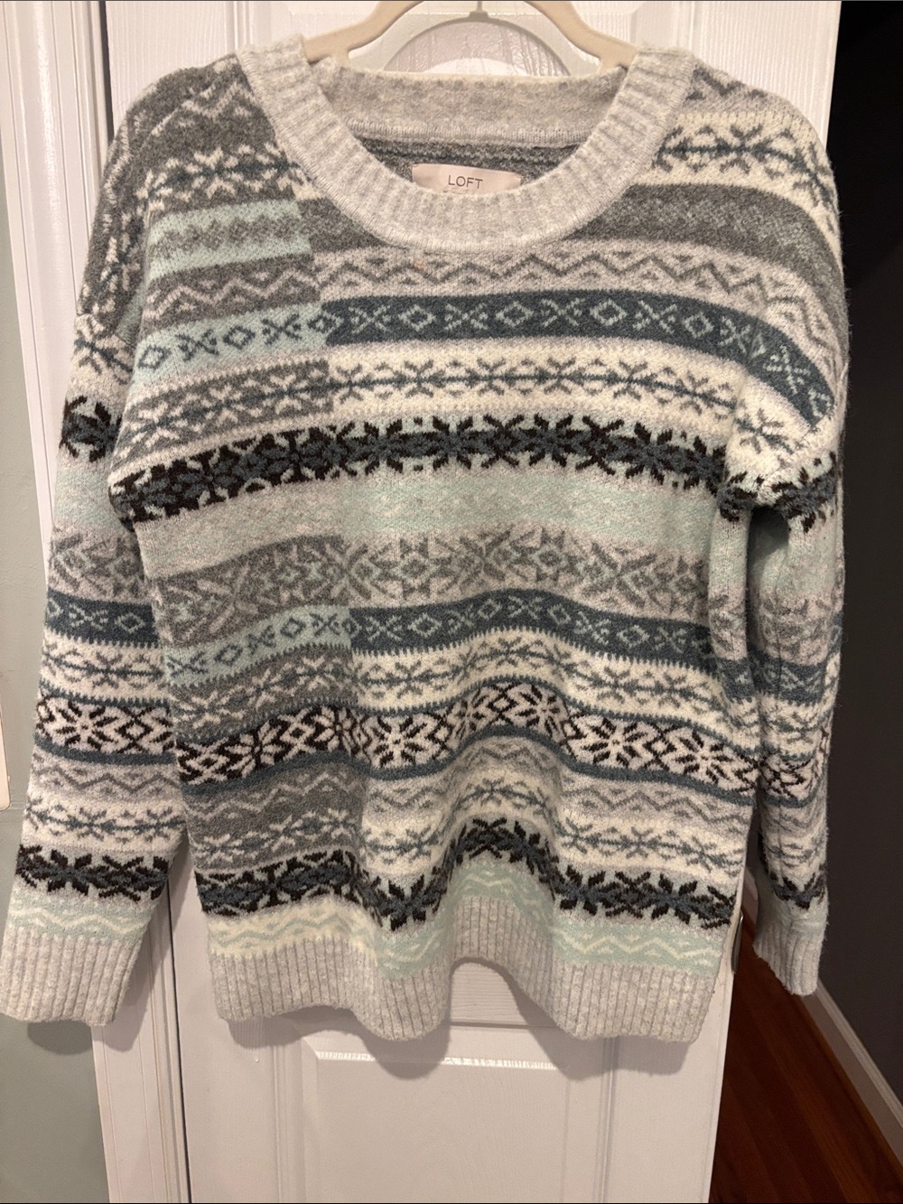 LOFT Fair Isle Crewneck Sweater in Light Gray, Mint and Dark Gray